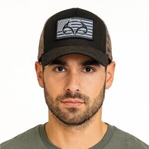 RealTree Camo American Flag Mens Snapback Trucker Cap Hat EUC Hunting Casual